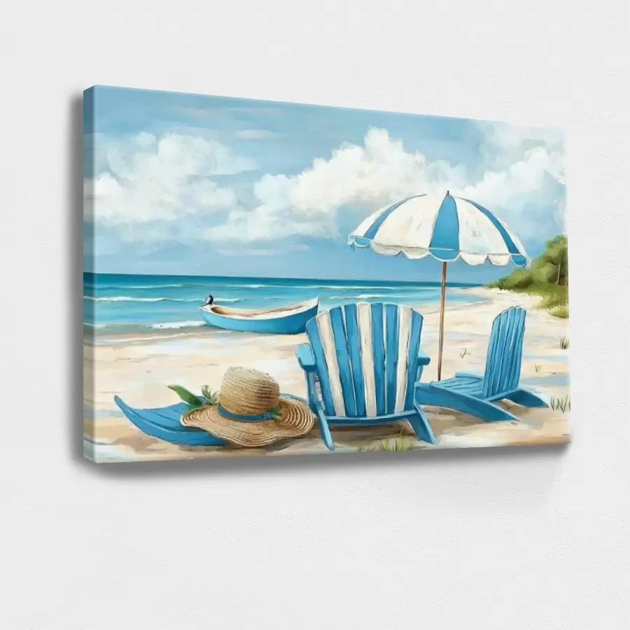 Blue Wall Art, Nature Wall Art, Beach Pictures Beach Scene, Umbrella, Chairs - Coastal, Realistic, Calming, Wall Decor Poster for Room, Wood Framed Canvas Painting Photo Ornaments Artwork Gifts 1pc