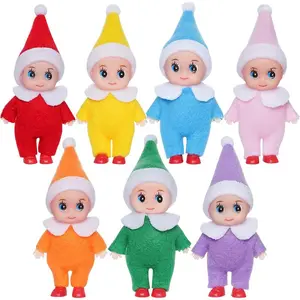 Little Elf 7-Piece Colorful Christmas Elf Dolls - 3.9in Tall Smooth Plastic Vinyl Baby Elves with Felt Clothes, Red Shoes, Moveable Arms - Ornaments, Kids Room Decoration, Pregnant Mother Gift