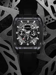 Men's Barrel Shape Sports Business Trendy Large Dial Three Eye Six Needle Multifunctional Quartz Fashionable Quartz Analog Watch, Silver Color Alloy Case