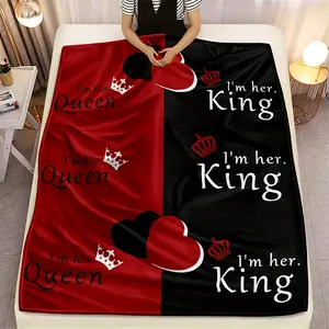 Reversible King and Queen Flannel Blanket, Soft All-Season Knitted Polyester Bedding, Machine Washable with Appliqué, Perfect for Camping, Travel, and Valentine's Day Gift,blanket plushthin quilt holiday gift
