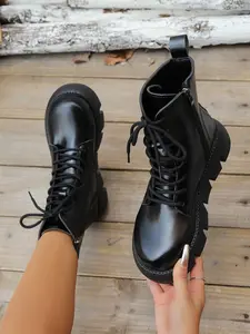 Women's Vintage British Style Short Boots, Ankle Boots, Fall Winter Fashion Round Toe Side Zipper Lace-Up, Plus Size 36-42, Thick Sole Height Increase