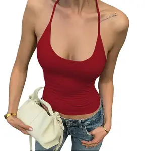 Adjustable Strap Halter Crop Top for Women's 2025 Fall New Arrival Solid Color Versatile Slim-Fit Tank Tee Sleeveless Casual Elegant Trendy Dates Wear & Layering Under Jackets or Coats summerwins