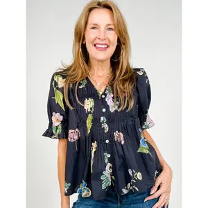 Multicolor Floral Short Puff Sleeve Smock Detail Top