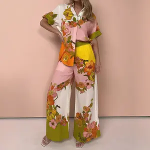 Passionate Floral Printing Two-Pieces Set, Tropical Boho, Retro Floral Pattern, Highly Saturated Sunset Color Palette, Vacation Style, Short-Sleeved Long Pants Set, Casual, Elegant, Cozy Women's Clothes