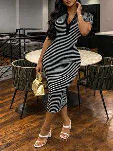 Women's Striped Polo Midi Dress - Short Sleeve Button Front Bodycon Dress, Casual Brunch & Streetwear Outfit Summer