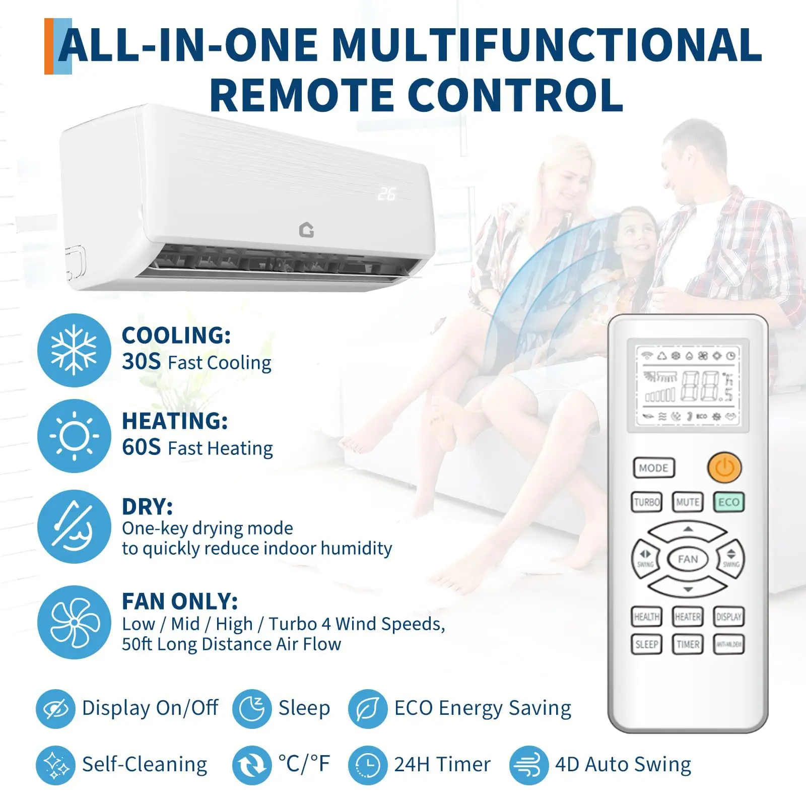 OP-12000 BTU Mini Split Air Conditioner Heat Pump System,19 Inverter Mini Split AC/Heating System, Ductless Wall Mount AC Cool Up to 750 Sq. Ft, Installation Kits,