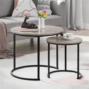 【Nesting Design】Yaheetech Nesting Coffee Table Set of 2, Nesting Table, Rustic Stacking Side Tables, Nesting End Table Set w/Round Wooden Tabletop and Sturdy Metal Base for Living Room,Small Space