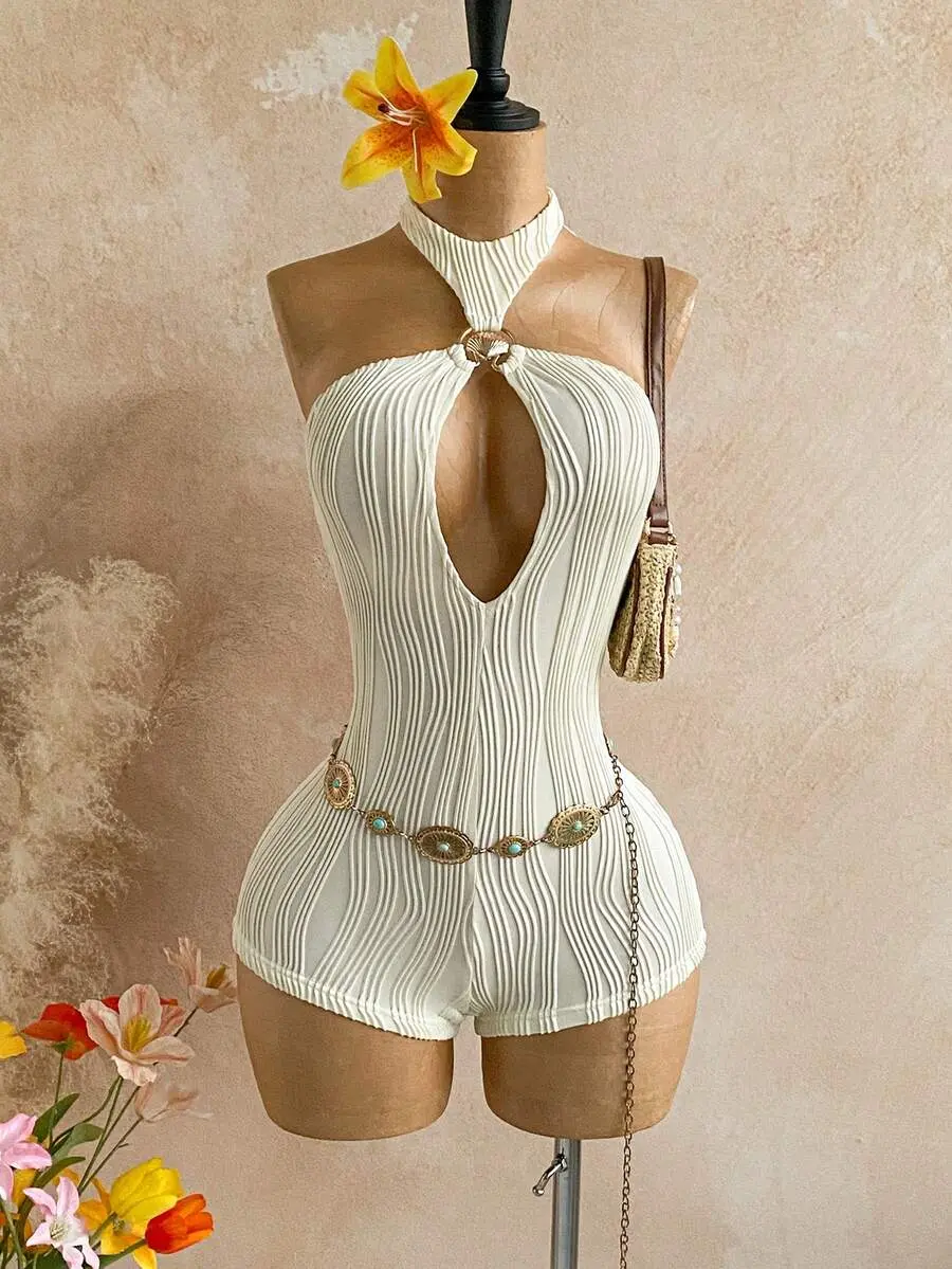 Lumina x Soleia Women's Summer Sexy Beach Vacation Style Solid Color Textured Fabric Chest Hollow Out Backless Tie Front Romper (Waist Chain Not Included)