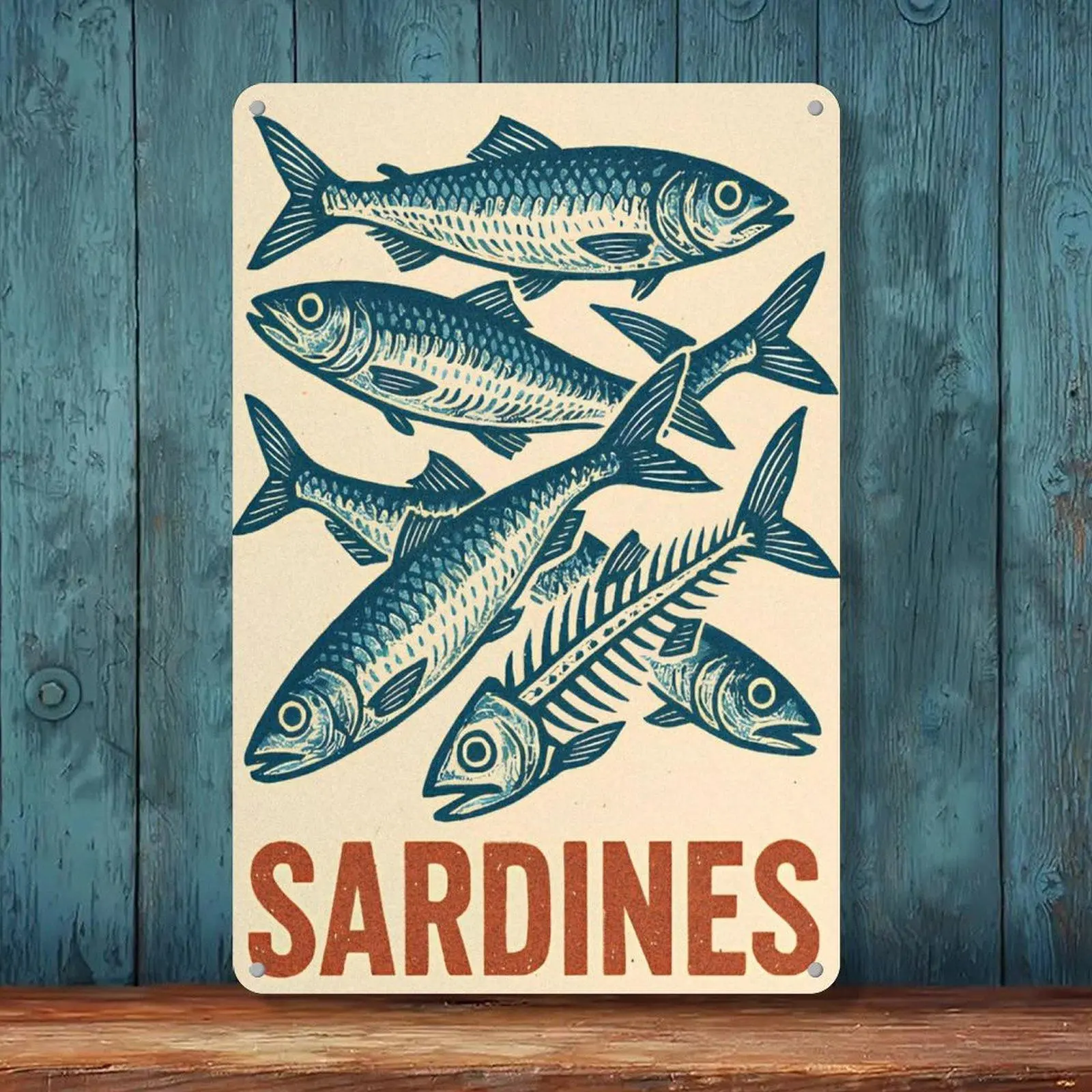 Sardines Blue Linocut Fish Vintage Nautical Retro Tin Sign 8x12in Seafood Restaurant Beach House Wall Decor Metal Tin Sign