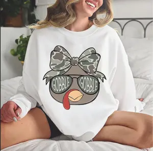 Women's Fitted Vintage Cotton Round Neck Long Sleeve Crewneck Sweatshirt - Mama, Spandex Blend, Cute Turkey with Camo Coquette Bow, Thanksgiving Outdoors Top