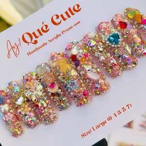 "All the Girly Things ”  CURVED SQUARE 2XL Length Press On Acrylic Nails Multicolor Handmade with Gel Nail Polish for Manicure, Easy to Apply, Made in USA Durability