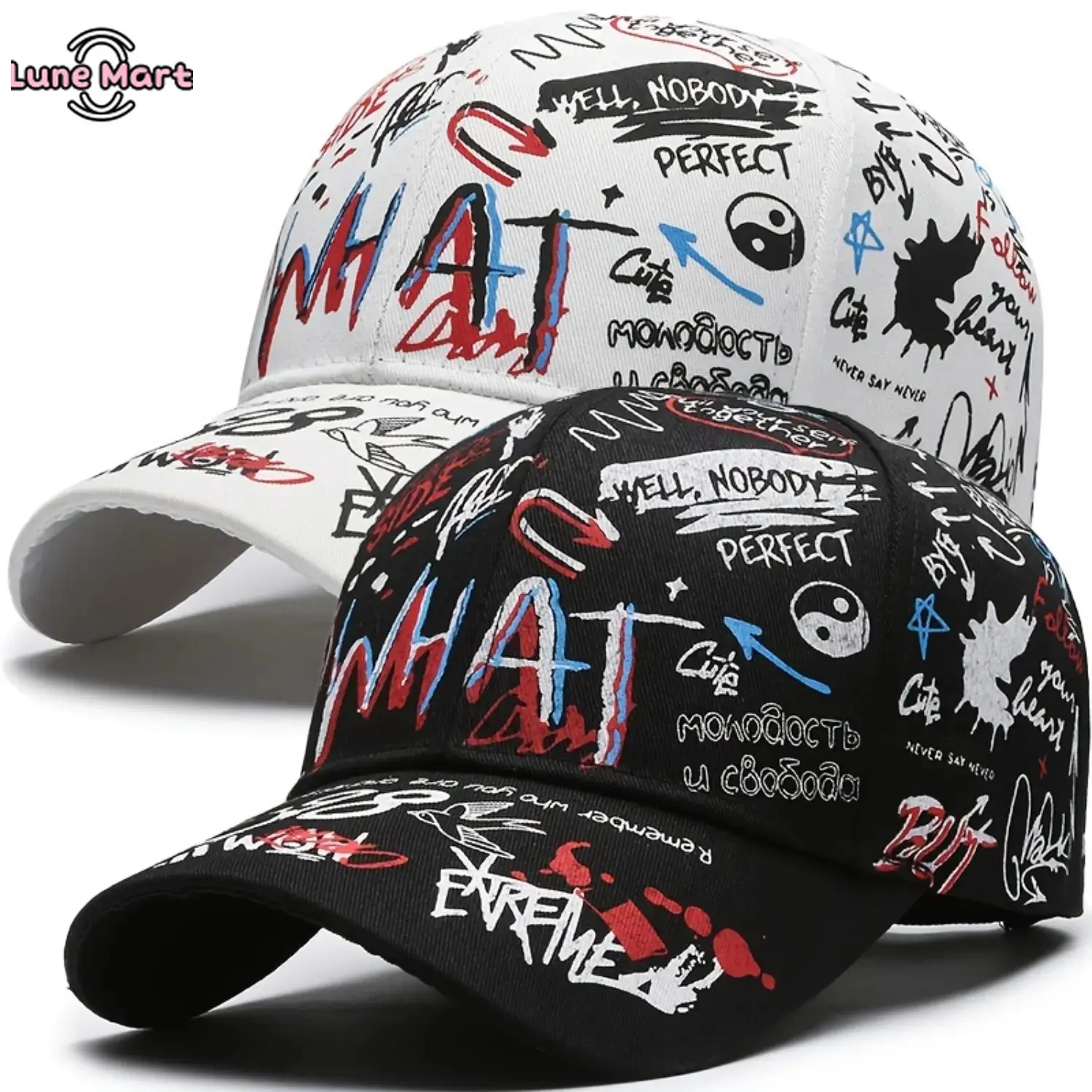 2-PCS Graffiti Printed Baseball Cap Hip Hop Streetwear Adjustable Snapback Hat with Yin Yang Symbol and Slogan Design for Men and Women, Mens Hats, Hiphop Hats