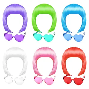MIAHART 6 Pcs Short Bob Wig and 6 Pcs Sunglass Set, Neon Colored Wigs Colorful Cosplay Wigs Daily Party Hairpieces for Bachelorette Glow in the Dark Neon Party Favors Halloween Decorations Supplies Masks Gift