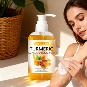 250g Plant-Based Organic Liquid Soap, Body Wash, Turmeric + Kojic Acid, For eczema-prone skin, unisex, 92% plant-derived, exfoliates, fades dullness, balances pH, Cleanses & moisturizes, foamy lather, oil-control, brightens skin, Scented