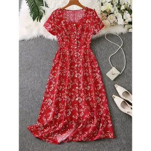 Women's clothing Elegant Button-Up Dress for Women with Floral Print And Woven Fabric. Casual Collar Polyester Womenswear