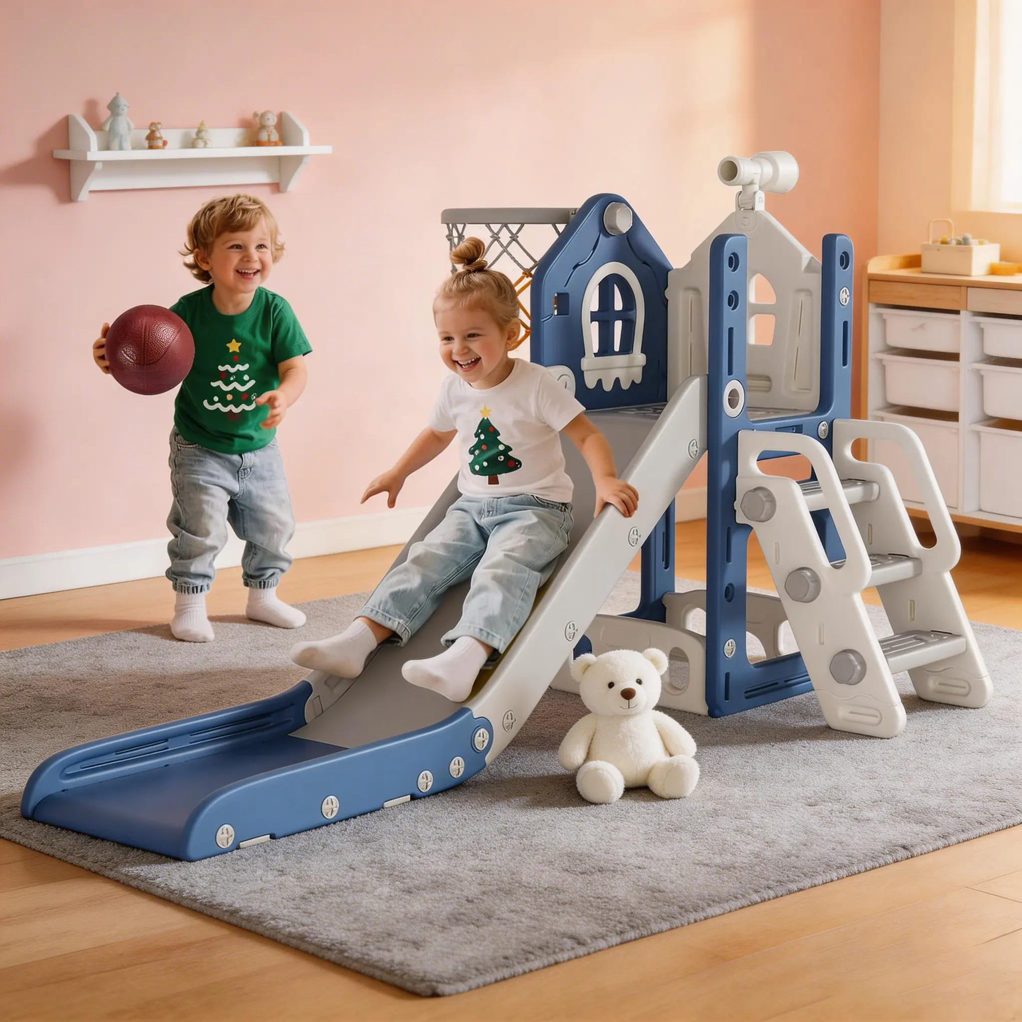 BIERUM 5-in-1 L-Shaped Toddler Slide Playground Set - HDPE Equipment with Basketball Hoop, Telescope, Anti-Slip Pads, Climbing Feature, Complete Accessories Included for 1-3 Ages, Boosts Balance and Coordination, Indoor/Outdoor Use, Kids Toys, Kids Outdoo