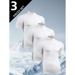 3-pc Men'S Breathable Slim Fit T-Shirts | Moisture-Wicking, Stretch Knit, High Neck, Solid Color - Ideal for Gym, Running, Cycling - Sports & Casual Wear leisure crew athletic oversized men sporty