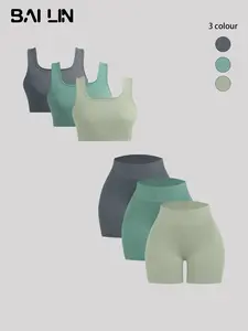 Women's Solid Ribbed Set, Casual Crop Tank Top & High Waist Skinny Shorts, Summer Outfits, Womenswear