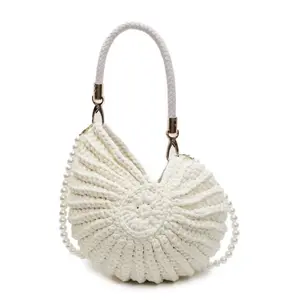 Seashell Crochet Shoulder Bag with Braided Handle & Pearl Strap