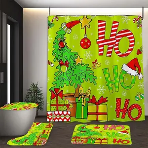 Christmas Gift Set Shower Curtain with Hooks, Bathroom Decor Includes Bath Mat Toilet Lid Cover U-Shaped Pad Ideal Present, Shower Curtain Sets