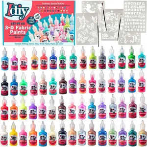 iDIY Fabric Paints Set of 60 1oz Bottles - 3D Clothing Paint - Includes Glitter, Metallic, Glow, Neon, 5 Stencils, & 3 Brushes, Non-Toxic & Permanent