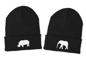 Black Elephant & Rhino Beanie Gift Set – Warm, Embroidered Animal Hats for Adults
