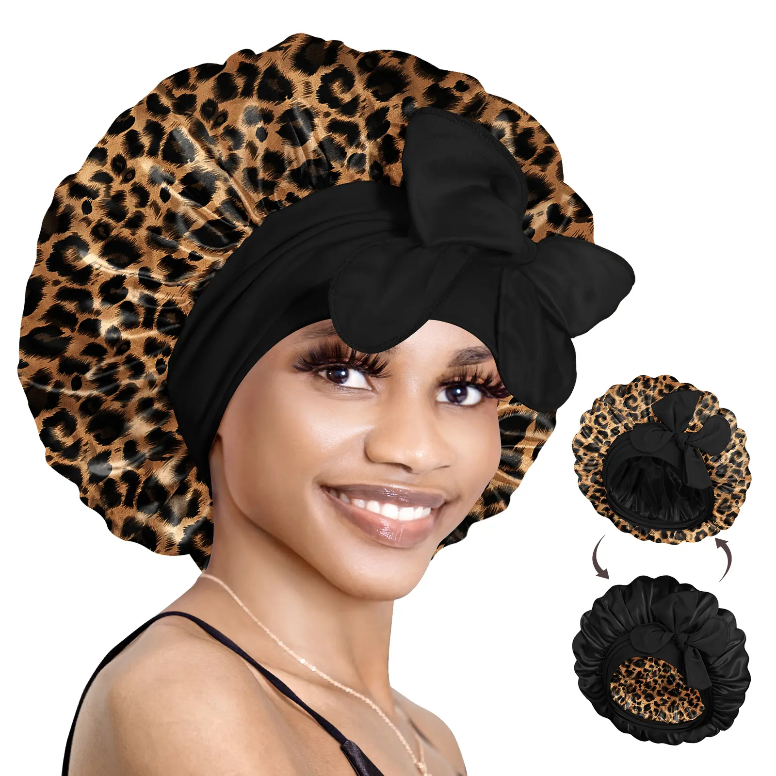 BONNET QUEEN bn007-leopard25-m Double-Layered Smooth Satin Silk Sleeping Cap, Stylish Digital Printed Satin Bonnet Hat, Leopard Print, Black Elastic Band, Reversible Machine-Washable Heatless Curls Haircare Hat for Curly Hair, Secure-Fit Gift Idea, Digita