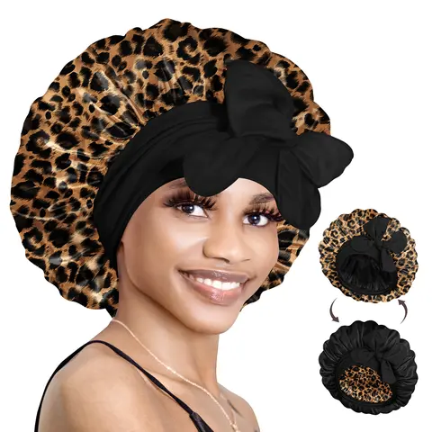 BONNET QUEEN BN007-Leopard25-M Reversible Elastic Satin Bonnet for Adults - Smooth, Digital Printed Hat with Elasticity, Double-Layered Leopard Print, Anti-Frizz Curly Haircare, Scalp-Gentle Sleep Protector