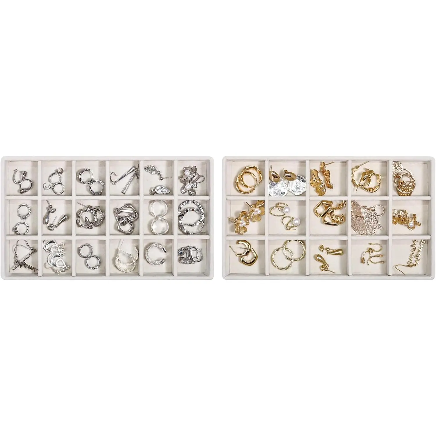 Stackable  Organizer Trays with Removable Dividers, 2-Tray Beige  Drawer Organizer Set for Earrings, Necklaces, Rings & Bracelets  for Her