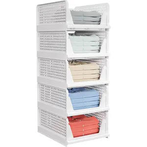 5 Pack Stackable Closet Storage Basket - Stackable Storage Bins, Multifunctional & Foldable Closet Organizer , Wardrobe Cupboard Space-Saving Hat Storage Drawer Organizer, White