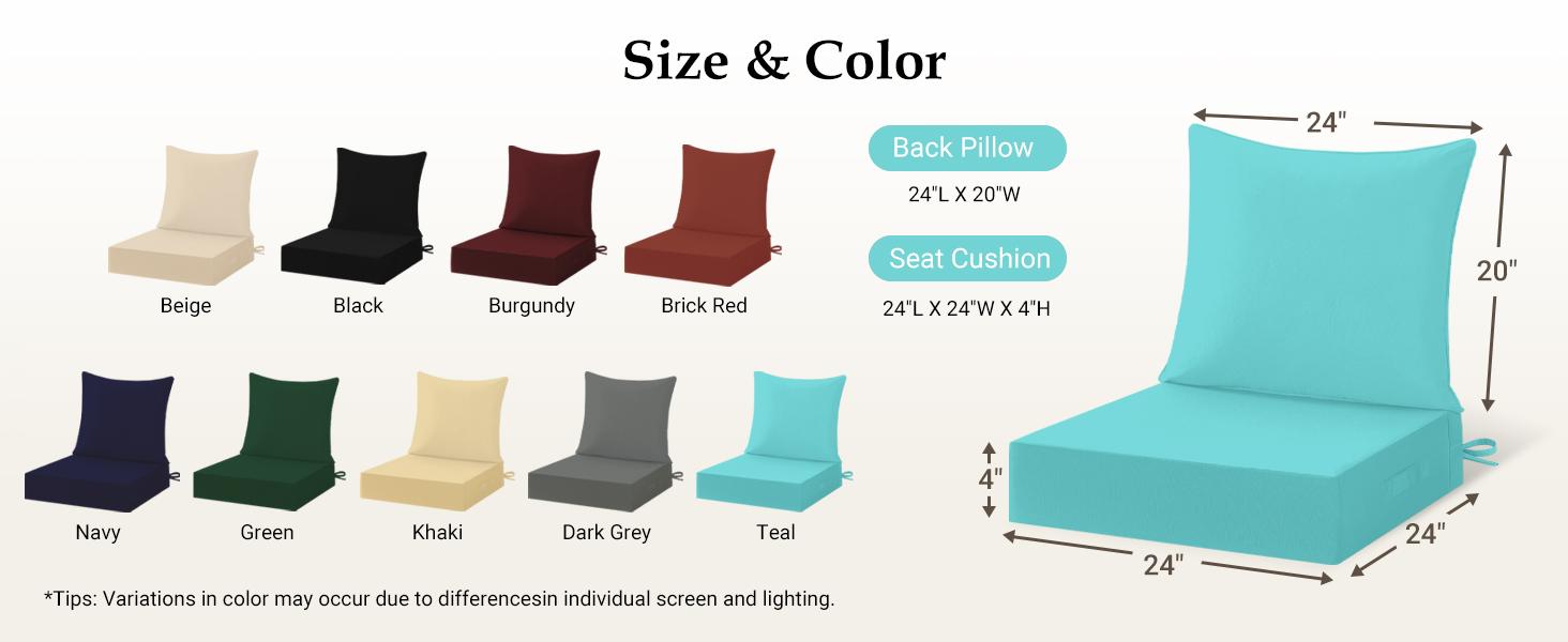 【Summervibes】downluxe Outdoor Chair Cushions, Waterproof Fade Resistant Patio Furniture Cushions with Handle & Removable Cover, Deep Seat Outdoor Cushions for Sofa, Couch and Patio Chairs