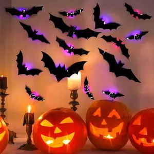 12 Pack Halloween 3D Bats Wall Decor,Halloween 3D Lighted Bats, Lighted 3D Bat Stickers Assorted Size for Halloween Party, Bedroom Window Decorations, Indoor and Outdoor Home Decals