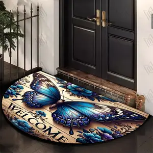 Semi-circular Door Mat with Blue Butterfly-style Pattern, Practical Welcome Mat for Outdoor and Indoor Entryways, Bed-side Rug, Small Floor Mat Suitable for Porch, Living Room, Bedroom, Kitchen, and Balcony Decoration. Easy To Maintain