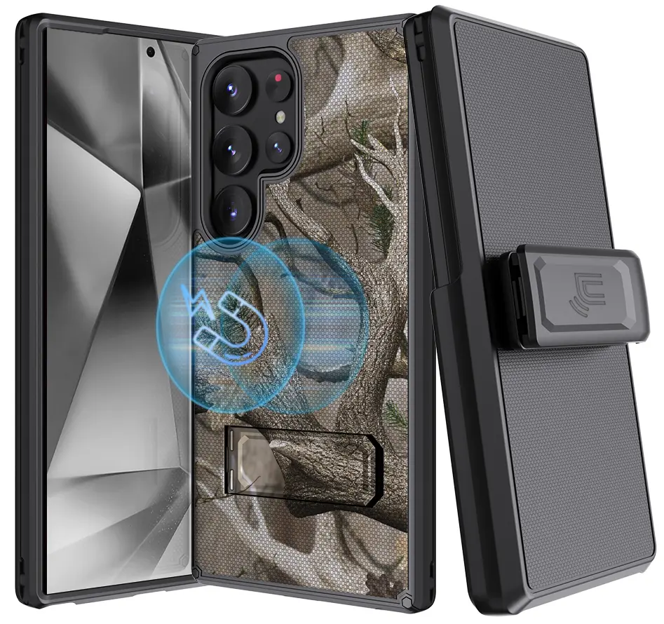 Nakedcellphone Holster Series for Samsung Galaxy S24 Ultra Case,  Rugged Hybrid Phone Cover [Compatible with MagSafe, with Kickstand] and Belt Clip [with Secure Anchors]