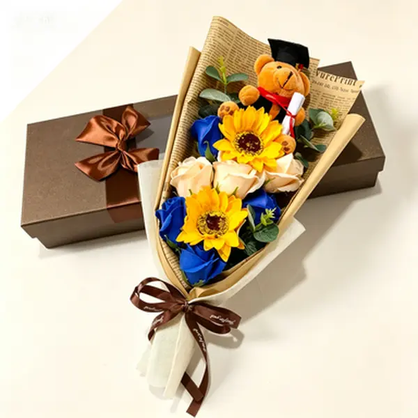 13-Inch Handcrafted Scented Floral Graduation Soap Flower Bouquet (Rose, Sunflower) - Blue Satin Gift Box with Mini Plush Grad Cap Teddy Bear, Souvenir Photo Prop for Graduation Party Favors Supplies, Photo Props