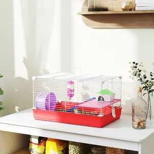 18.5" 2-Story Small Animal Cage - Hamster Habitat with Exercise Wheel, Water Bottle, Food Dish, and Rat House, Red