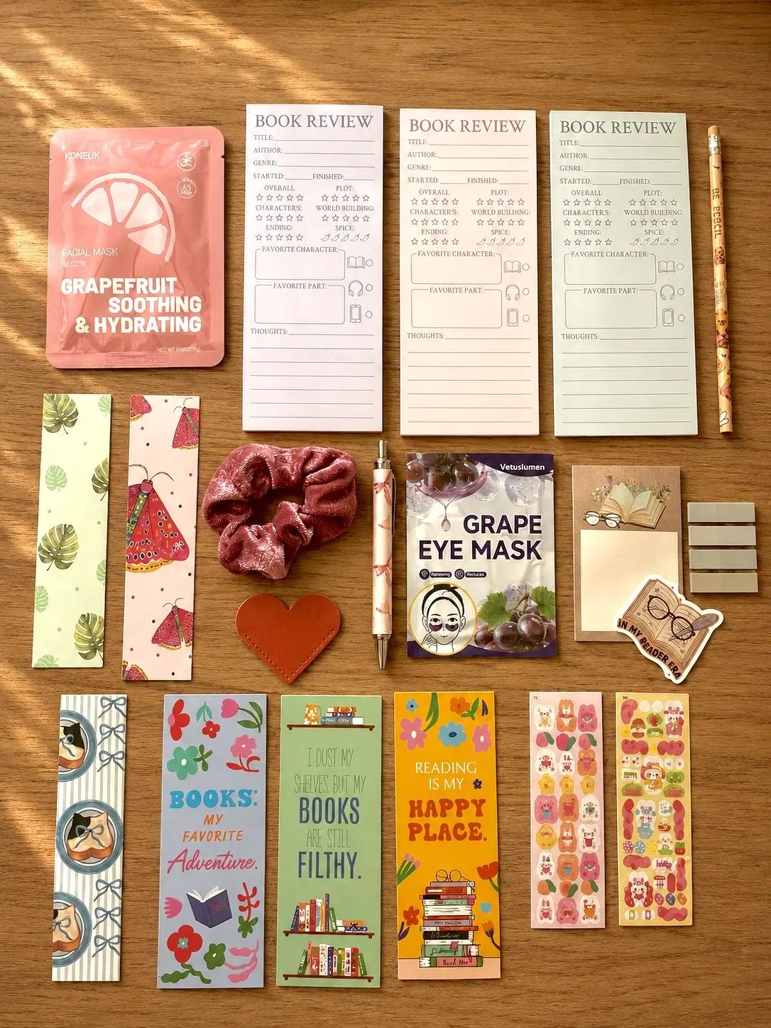 COZY READING ESSENTIALS - BOOKLESS BUNDLE!!!(BOOKMARKS, FACEMASKS, PEN, SCRUNCHIE, EYEMASK, ANNOTATION TABS) /
