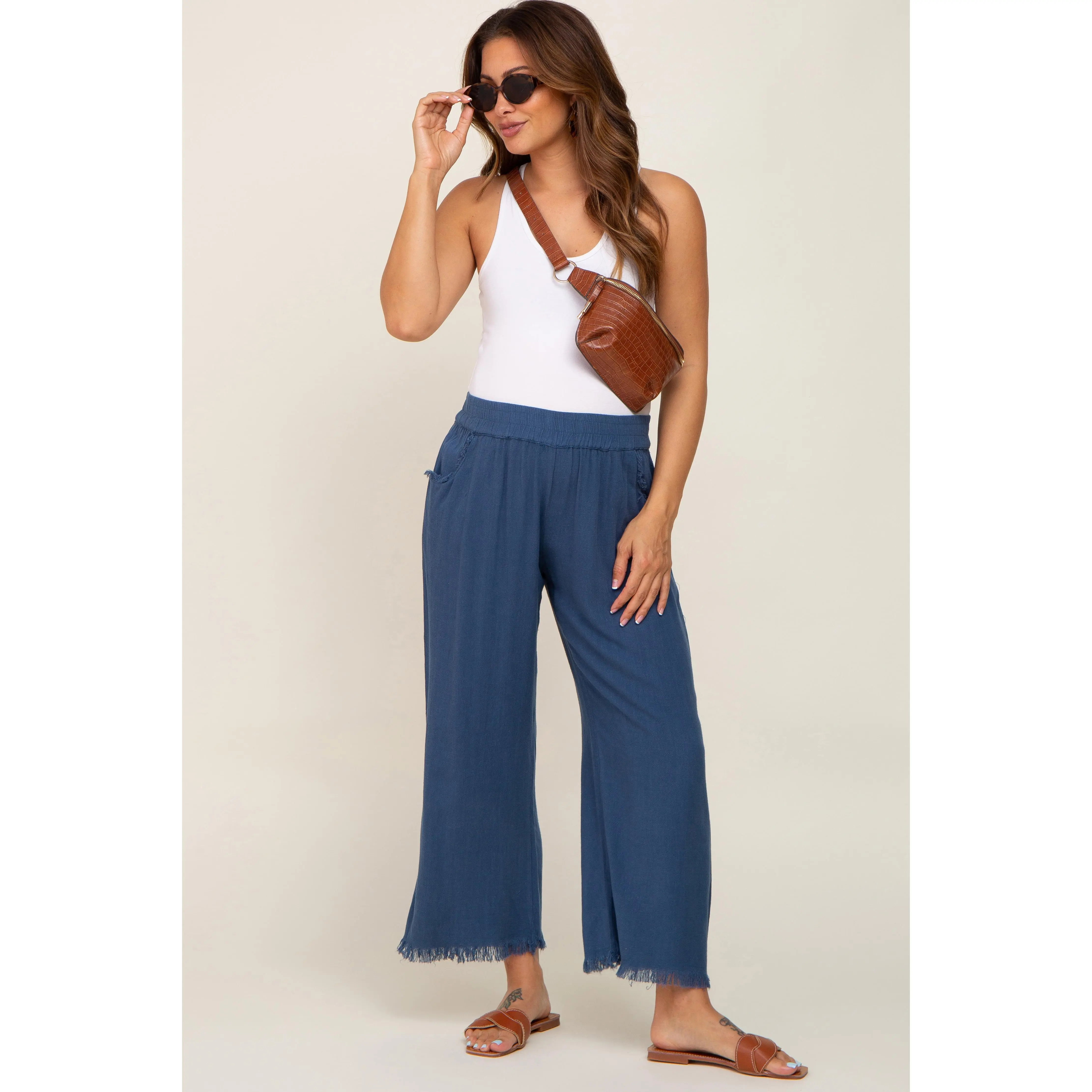 Navy Linen Frayed Hem Crop Maternity Pants