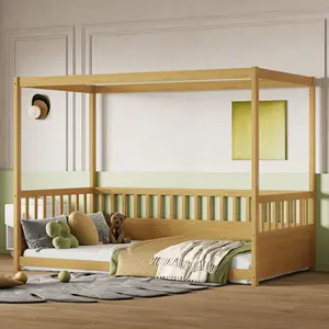 Twin Size Canopy Floor Bed Frame with Guardrails,Floor Bed Twin with Four Poster Design, Montessori Floor Bed Wood Canopy Bed Frame