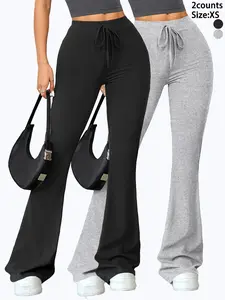 Women's Solid Drawstring High Waist Flare Leg Sports Leggings, Athleisure Fitness Leggings, Casual Comfy Breathable Bell Bottom Trousers for Yoga Running, Ladies Sportswear for All Seasons, Gym Clothes