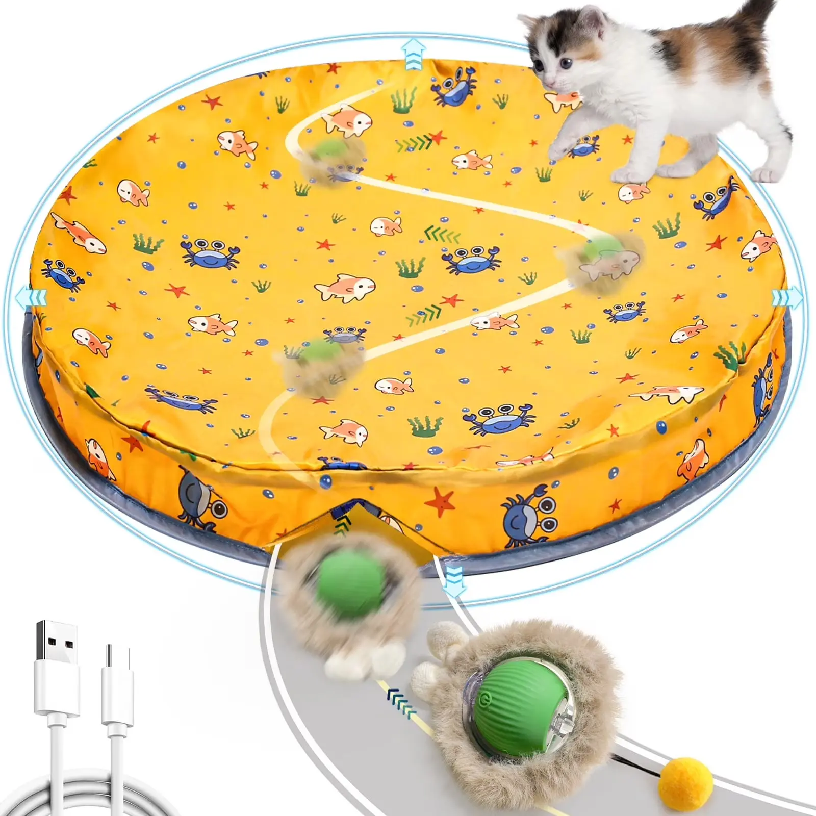 2-in-1 Interactive Hide and Seek Cat Toy Mat with Rechargeable Automatic Rolling Ball, 3 Speed Modes, Foldable Design, Auto Sleep, Energy Release for Indoor Cats