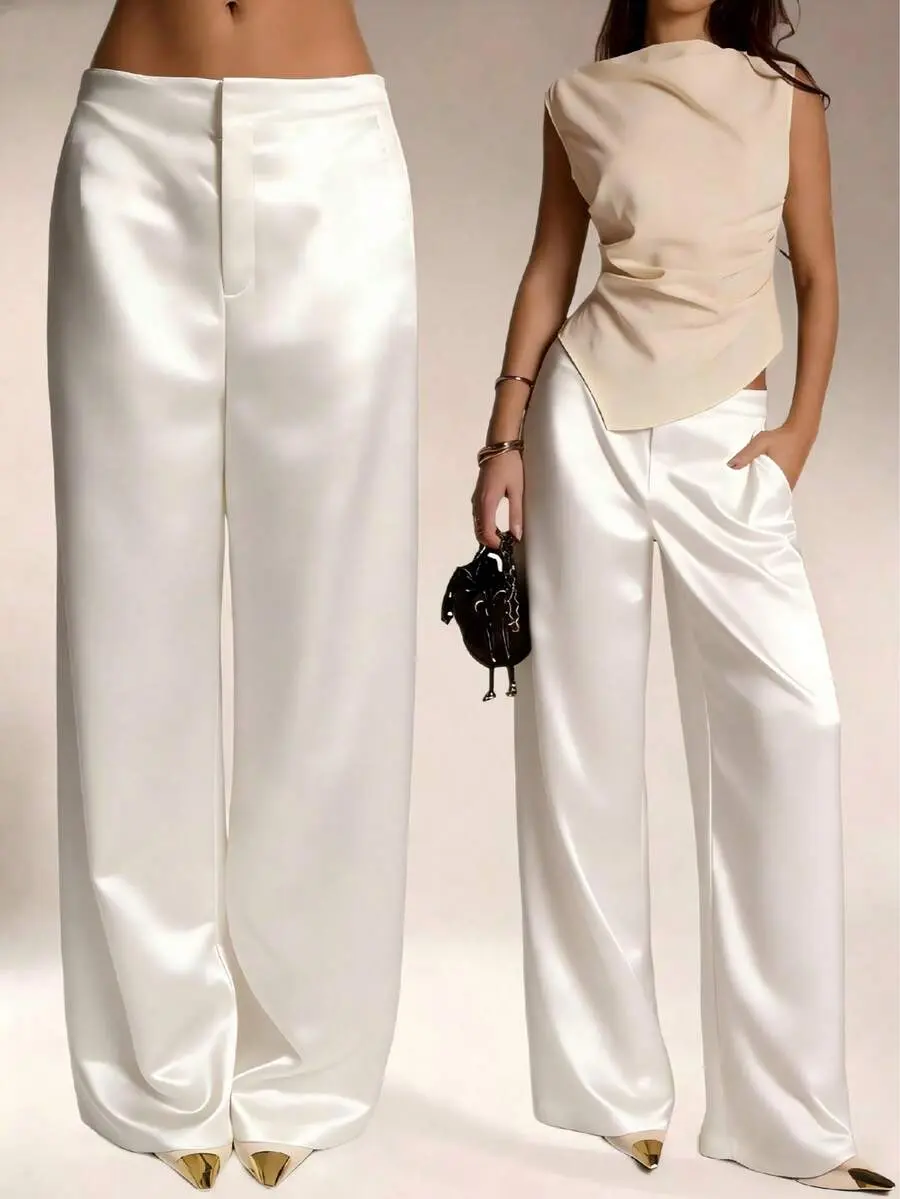 Women's Satin Solid Color Pocket Zipper Long Pants, Suitable For Vacation, Office, Brunch, Airport, All Seasons