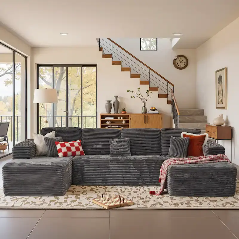 133.1'' Boneless Sectional Couches for Living Room, Oversized Cloud Couch with Chaise & Ottoman, Modular Sofa Sets Deep Seat Plush Corduroy, No Assembly Required,Plush Corduroy,couches for living room U Shaped Sofas