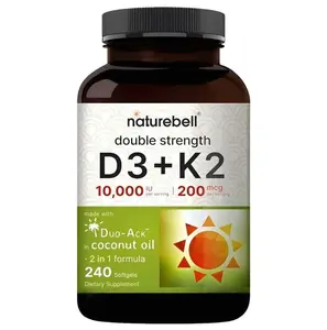 Vitamin Double Strength D3 + K2-240 Softgels - 10,000 IU Vitamin D & 200mcg K2 - Bone Strength, Immune Function & Calcium Absorption Support* - Coconut Oil Infused
