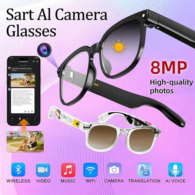 Smart AI Camera Glasses with 8MP Photochromic Lenses ,Button Touch Adjustment for Travel Outdoor Adventures Hands-Free Photography 160+Languages Real-Time Translation Bluetooth Wireless Wearable Video Recording UV Protection