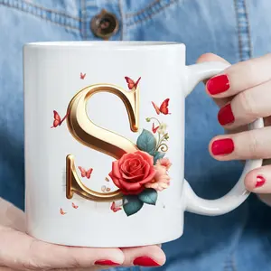 1pc Ceramic Coffee Mug with Alphabet & Floral Design, 11oz - BPA-Free, Microwaveable, Portable, Wide Mouth - Ideal for Various Festivals & Occasions