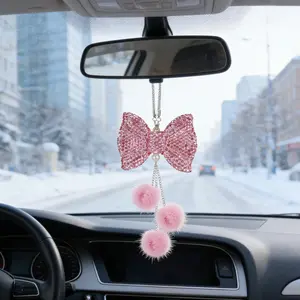 Elegant Rhinestone Bow Car Pendant, Fuzzy Tassel Rearview Mirror Decor, 3 Color Options, Women's Intricate Interior Accessory