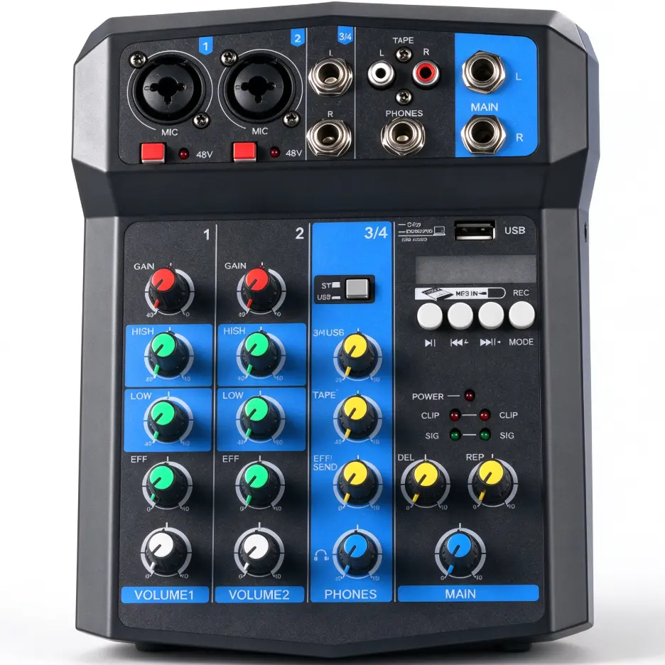 X4 4-Channel Portable Audio Mixer, Bluetooth 5.0 USB Sound Mixing Console with 48V Phantom Power for Karaoke, Podcast Recording  dsp effect eurorack modular xlr input