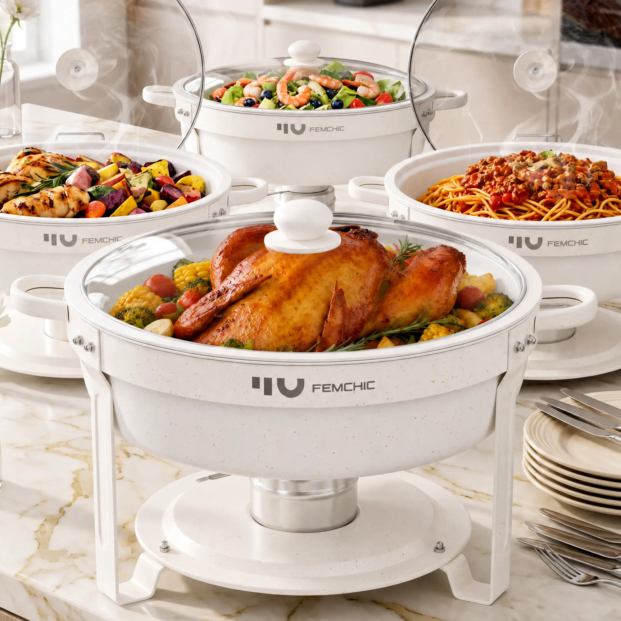 Femchic 6.5QT White Chafing Dishes for Buffet Maifanite-Coated, 2/4 Pack Round Chafer Set with Glass Lid, Stackable Food Warmers with Lid Holder, Dishwasher Safe, for Catering, Parties, Weddings & Events