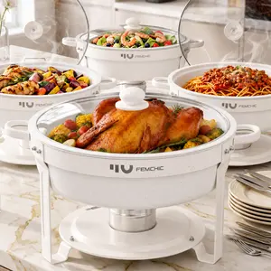 Femchic 6.5QT White Chafing Dishes for Buffet Maifanite-Coated, 2/4 Pack Round Chafer Set with Glass Lid, Stackable Food Warmers with Lid Holder, Dishwasher Safe, for Catering, Parties, Weddings & Events